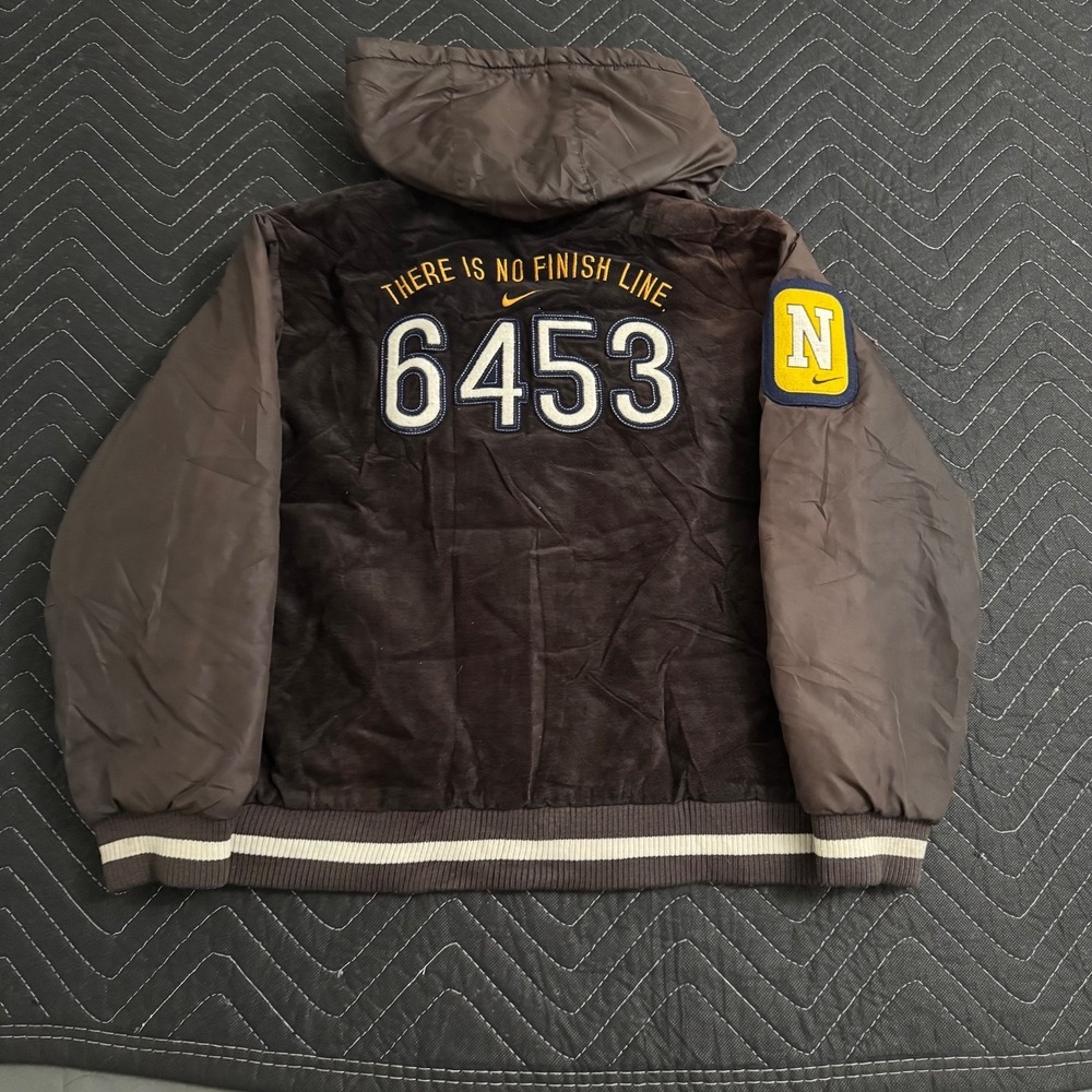 Vintage Nike Youth Hooded Varsity Jacket Size 130 Brown Velour Snap Front‎ Y2K
